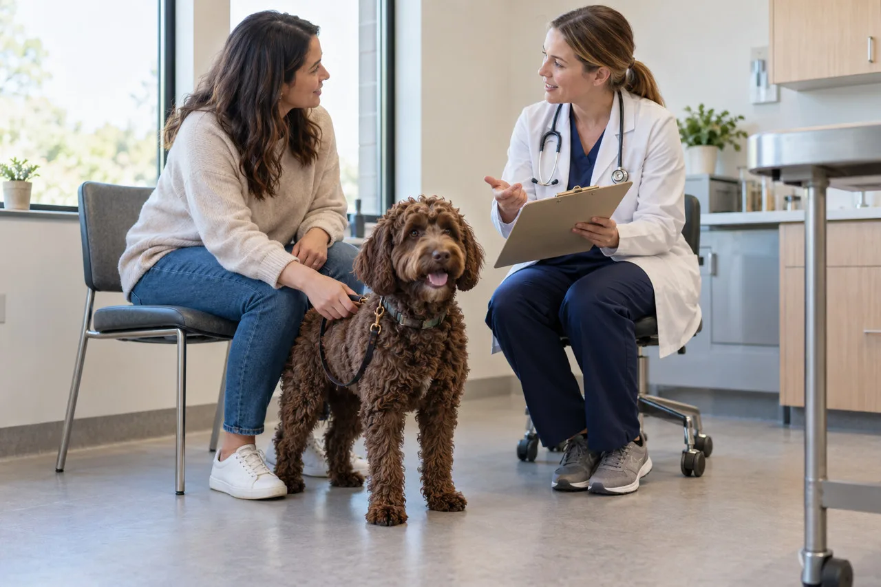Owners and veterinary professional discussing care beside a curly-coated dog
